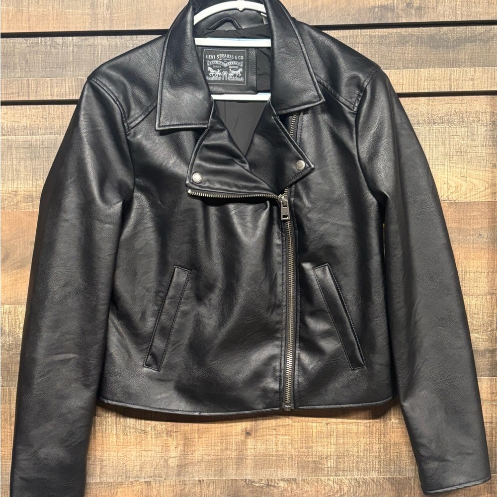 Levi Strauss Women's Faux Leather Black Moto Jacket Cropped XL NWT